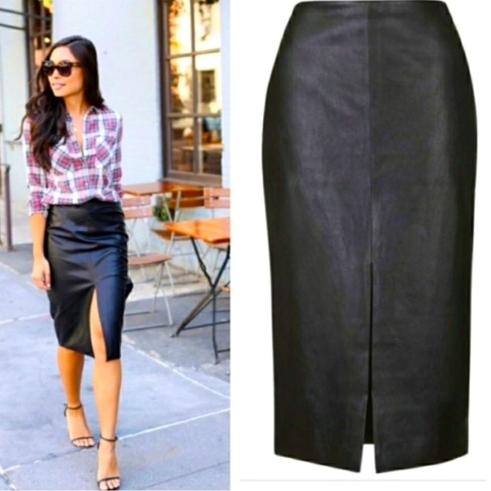 Topshop faux leather midi skirt w/ front slit